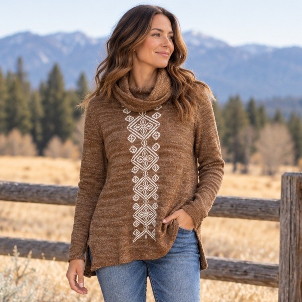 Roper Womens Cowl Neck Tunic Sweater XL Brown Embroidered Western Boho Aztec